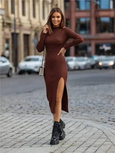 Autumn And Winter Dresses Round Neck Slim Solid Color-4