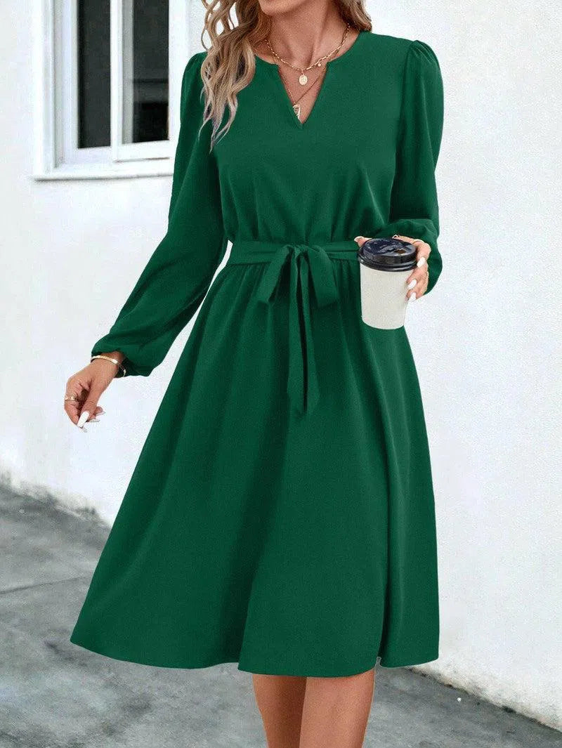 Autumn And Winter European And American Women's Clothing Long Sleeve Small V-neck Lace Up Dress-2