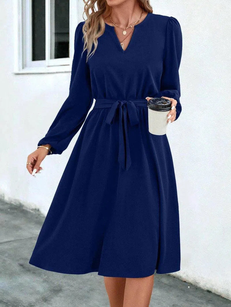 Autumn And Winter European And American Women's Clothing Long Sleeve Small V-neck Lace Up Dress-Dark Blue-8