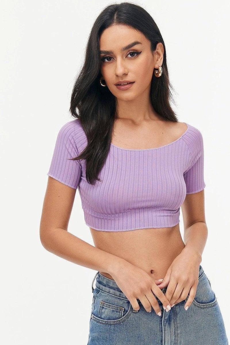 Beauty -umbilical Short -sleeved Thread Short Top-Purpul-11