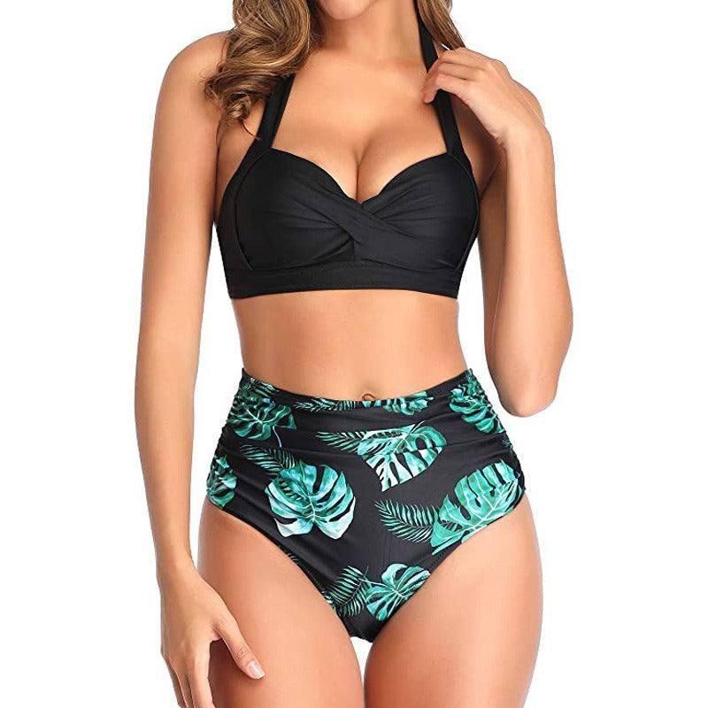 Bikini European And American High Waisted Printed Neck Strap-Black And Green Pants-6