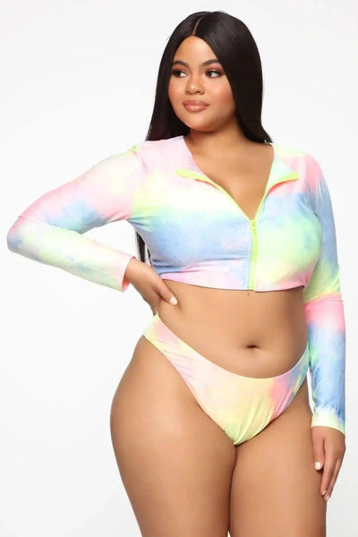 Bikini Long Sleeve Zipper Swimsuit Plus Size Colorful-Colorful-1