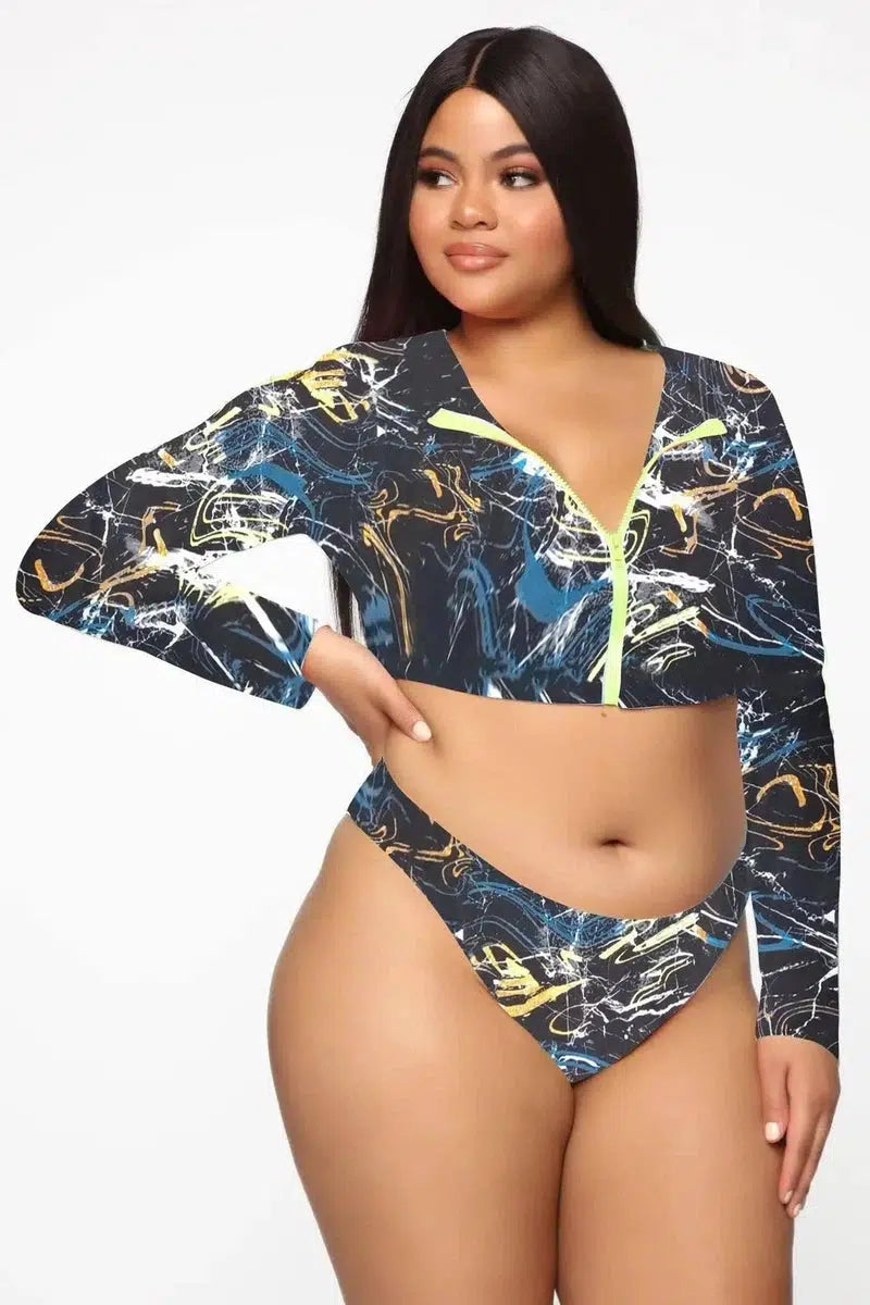 Bikini Long Sleeve Zipper Swimsuit Plus Size Colorful-Starrysky-2