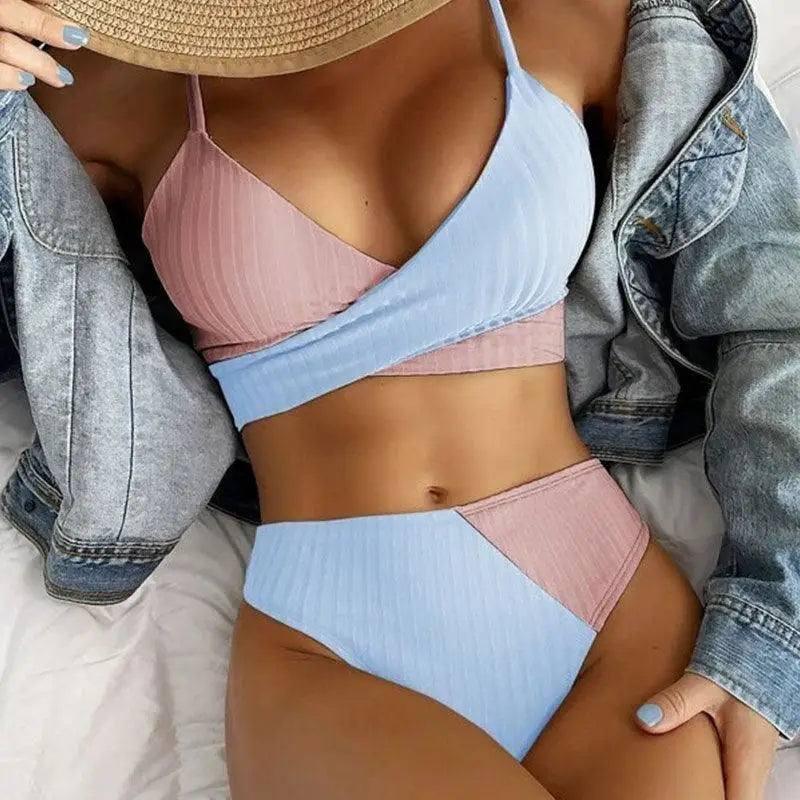 Bikini Patchwork Swimwear Ribbed Women's Swimsuit Knot-Blue-2