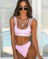 Bikini swimsuit small ladies swimsuit split plaid slim-Pink-2