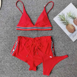 Bikini Three-Piece Solid Color Swimsuit Split Swimsuit-Red-4