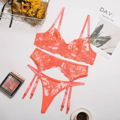 Bra And Panty Set Women Underwear Lace Lingerie 3pcs Cup See-Orange-1