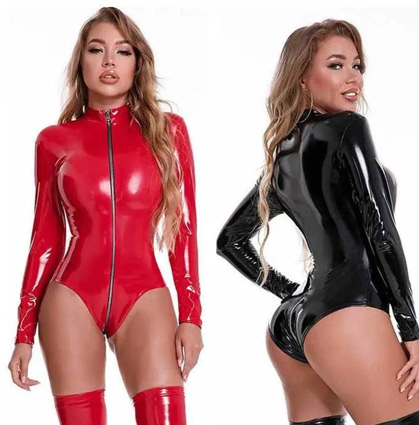 Bright Patent Leather Nightclub Bodysuit PU Sexy Lingerie-1