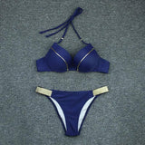 Bronzing Fabric Split Bikini Swimsuit Women-NavyBlue-2