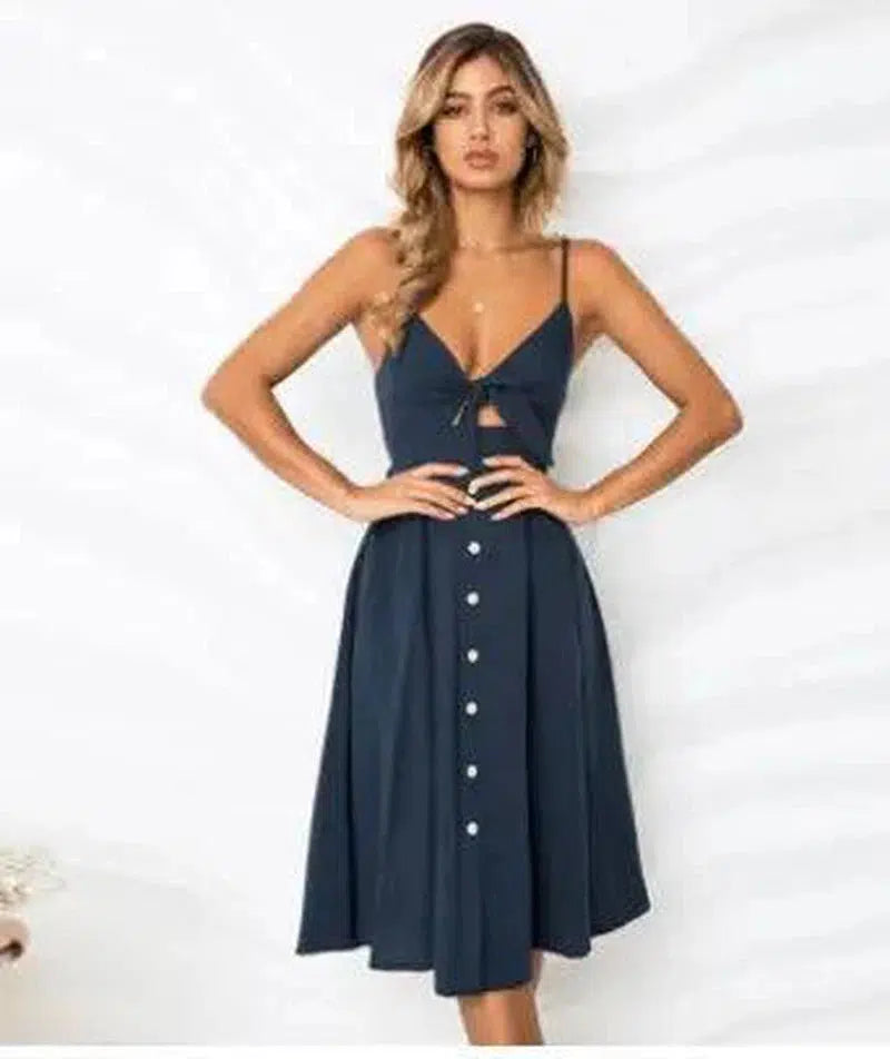 Buttoned Bow Back Strap Dress-Navy-27