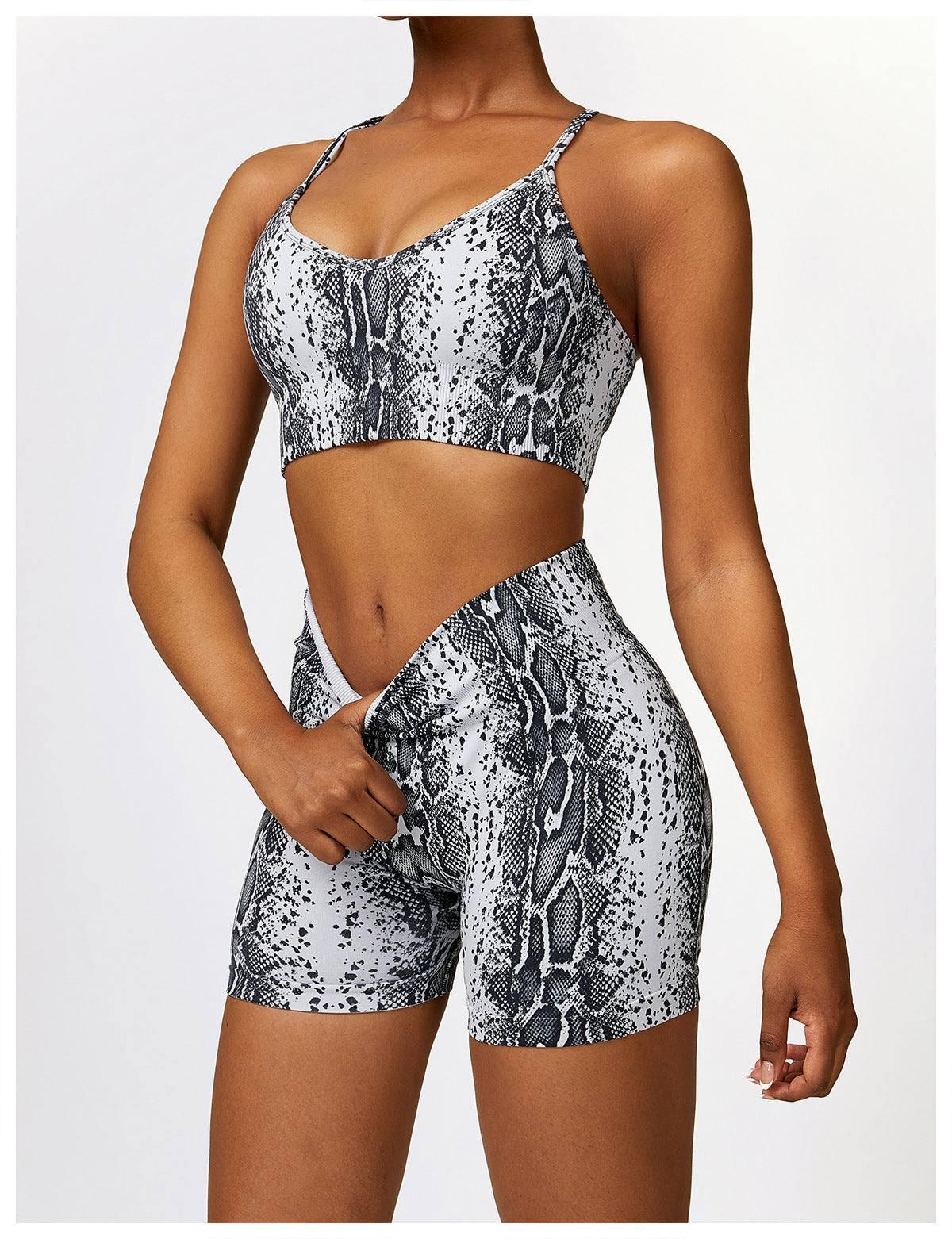 Camouflage Printing Seamless Yoga Suit Quick-drying High-Snake Gray Bra Shorts-13