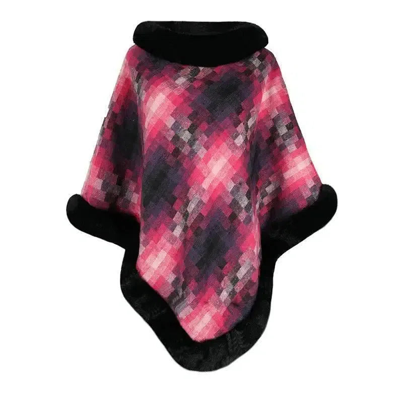 Cape Colored Plaid Thermal Knitting Shawl Women's Coat-Rose-7