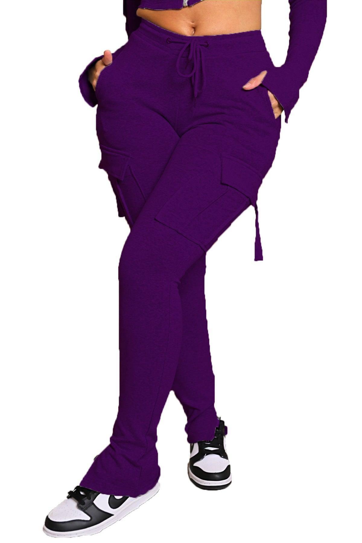 Cargo Pants With Pockets High Waist Drawstring Wide Leg-Purple-12