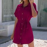 Casual Loose Single Breasted Shirt Dress Top Women's-Winered-4