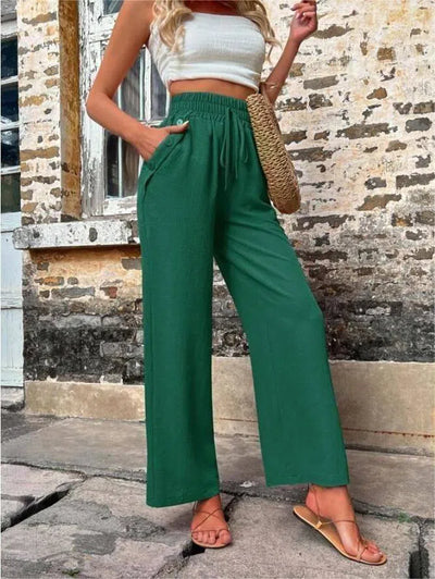 New Casual Pants With Pockets Elastic Drawstring High Waist Loose Trousers For Women-Dark Green-4