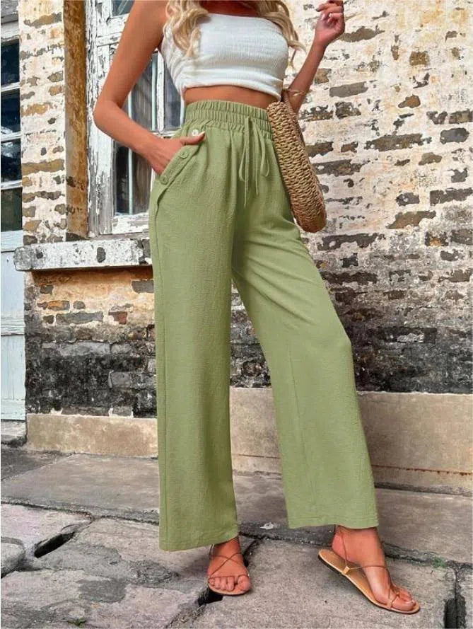 New Casual Pants With Pockets Elastic Drawstring High Waist Loose Trousers For Women-Army Green-8