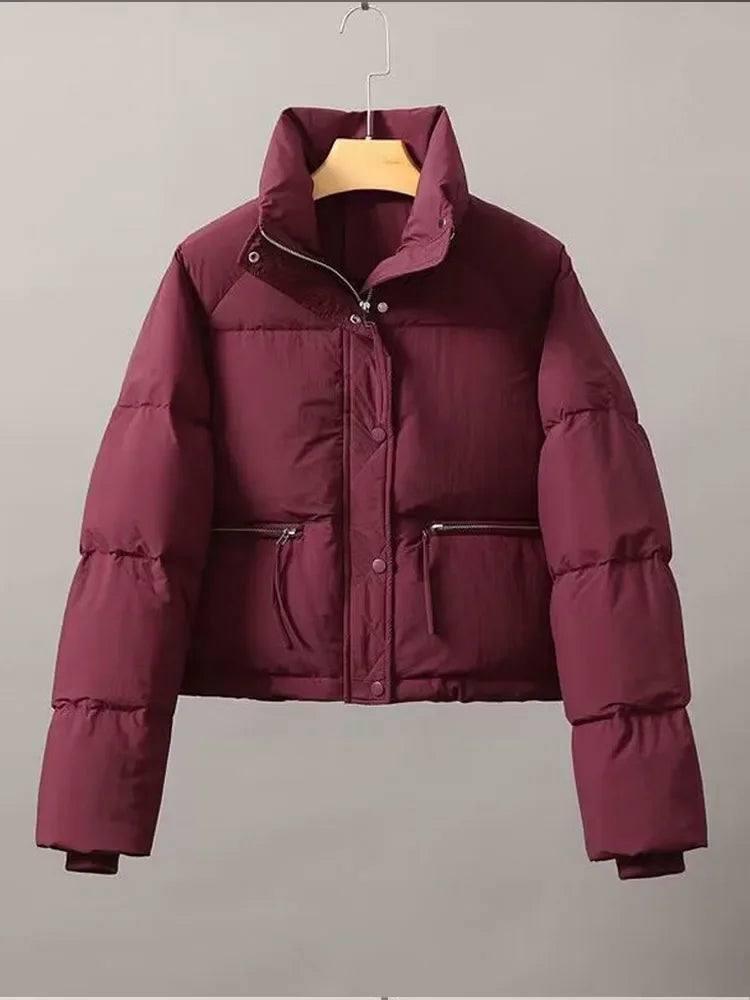 Casual Short Winter Jacket Women Stand Collar Zipper High-Red-2