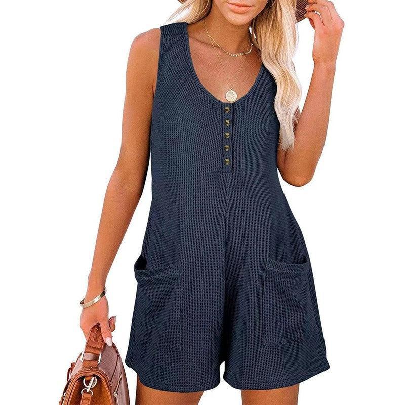 Casual Waffle Button Jumpsuit With Pockets Fashion Summer Navy Blue / 2XL-Navy Blue-3