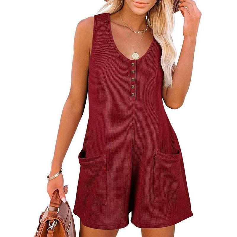 Casual Waffle Button Jumpsuit With Pockets Fashion Summer Navy Blue / 2XL-Wine Red-5