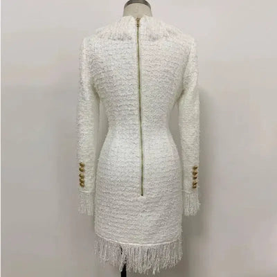 HIGH QUALITY Newest 2024 Designer Runway Women's Long Sleeve Metal Lion Buttons Fringed Tweed Tassel Dress-4