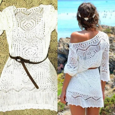 Summer Lace Crochet Beach Dress Women White Swimwear Swimsuit Cover Up Mini Dresses-2-2