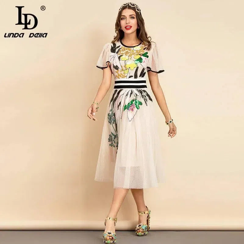 LD LINDA DELLA New 2021 Women Summer Fashion Runway Midi Dress Butterfly Sleeve Sequined Embroidery Ladies Slim A-Line Dresses-3