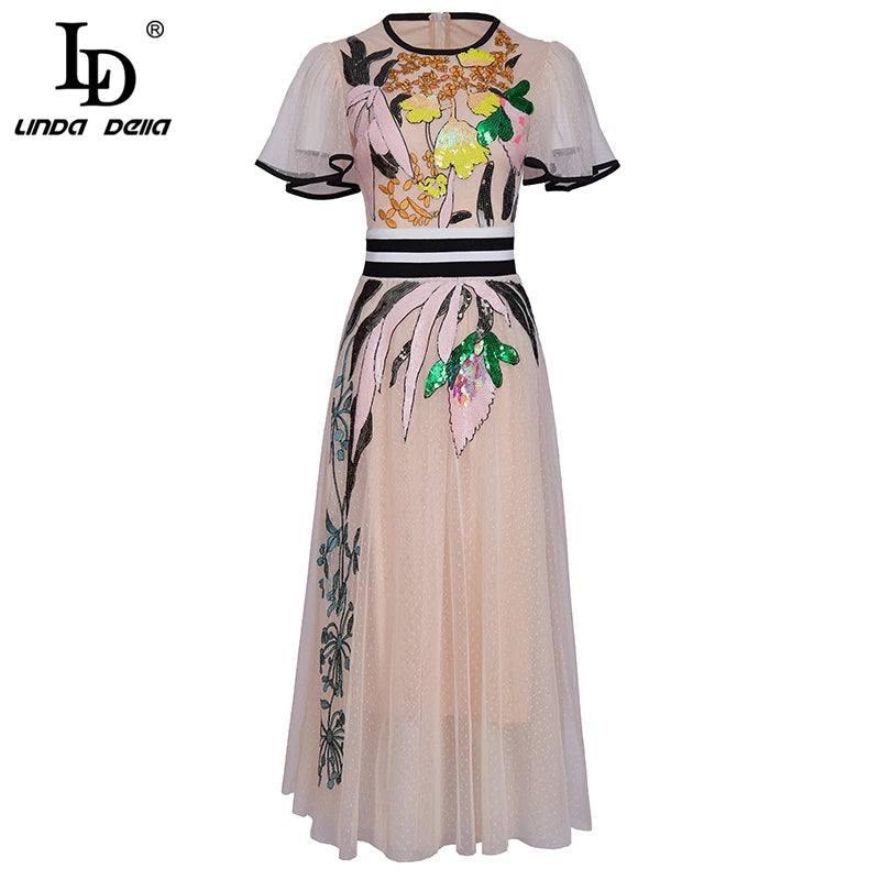 LD LINDA DELLA New 2021 Women Summer Fashion Runway Midi Dress Butterfly Sleeve Sequined Embroidery Ladies Slim A-Line Dresses-5