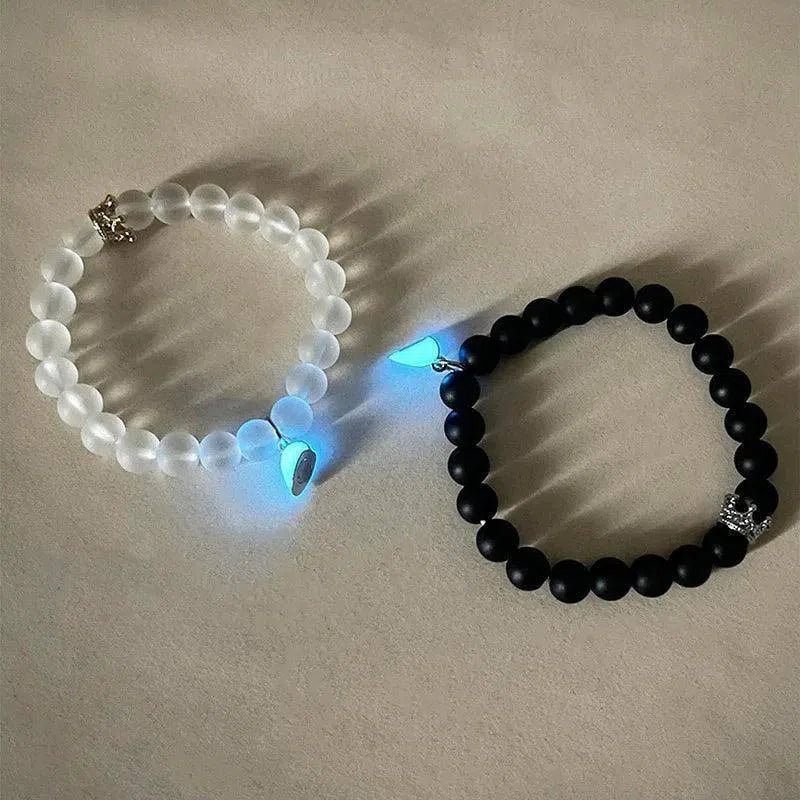 Fashion Jewelry 2pcs Handmade Crown Beaded Charms Bracelet Luminou Heart Glow In The Dark Couple Bracelet For Lover Men Women Fluorescent Gift-3