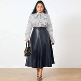 Chic Plus-Size Polka Dot Blouse and Leather Skirt-Navy-8