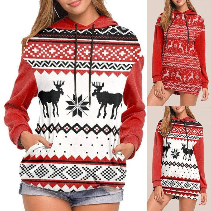 Christmas Elk Print Long-sleeved Hooded Sweater Women-1