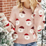 Christmas Sweater Women Cute Cartoon Santa Print Knit-Pink-7