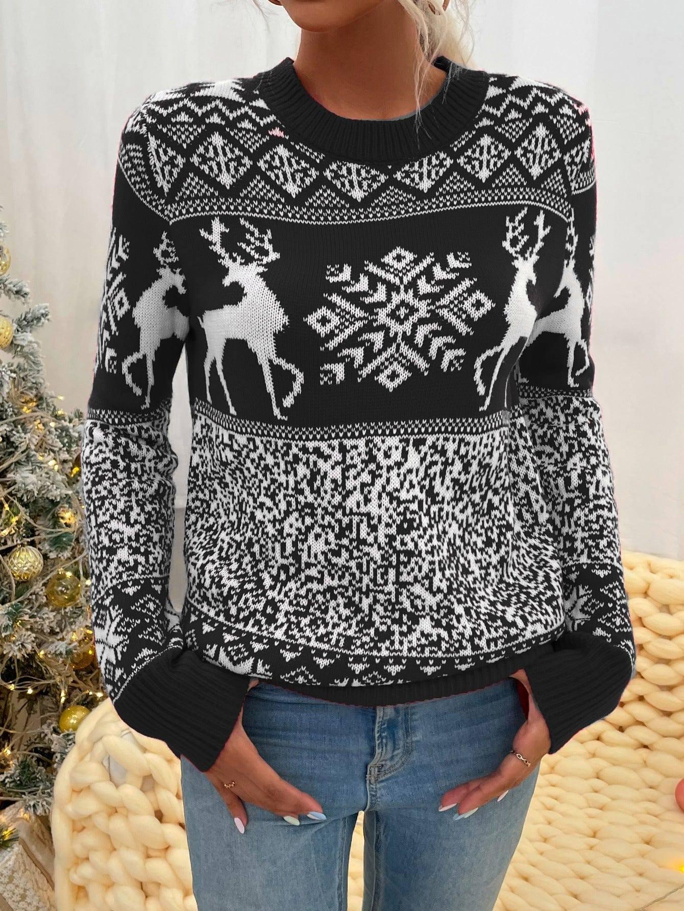 Christmas Woolen Round Neck Long-sleeved Sweater Women's-Black-4