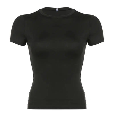 CIBBAR Basic Solid Crop Top Short Sleeve Crewneck Skinny-black-7