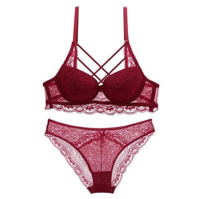 Classic Bandage Black Bra Set Push Up Brassiere Thick Cotton-Burgundy-4