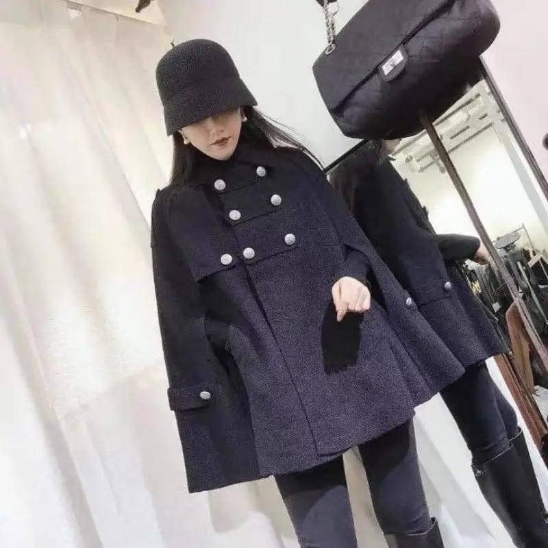 Coat Cloak Women Loose Fashion Double Breasted-Black-5