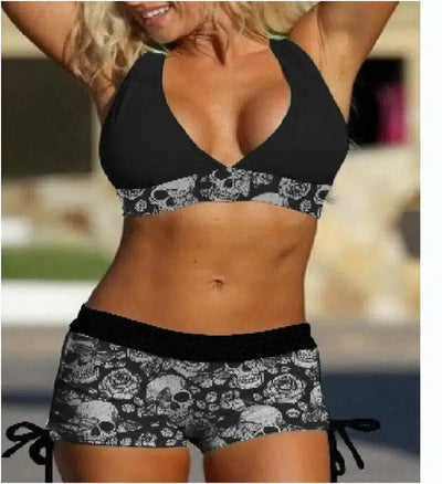 Conservative Bikini Ladies Skull Print Resort Swimsuit-Picture1-2