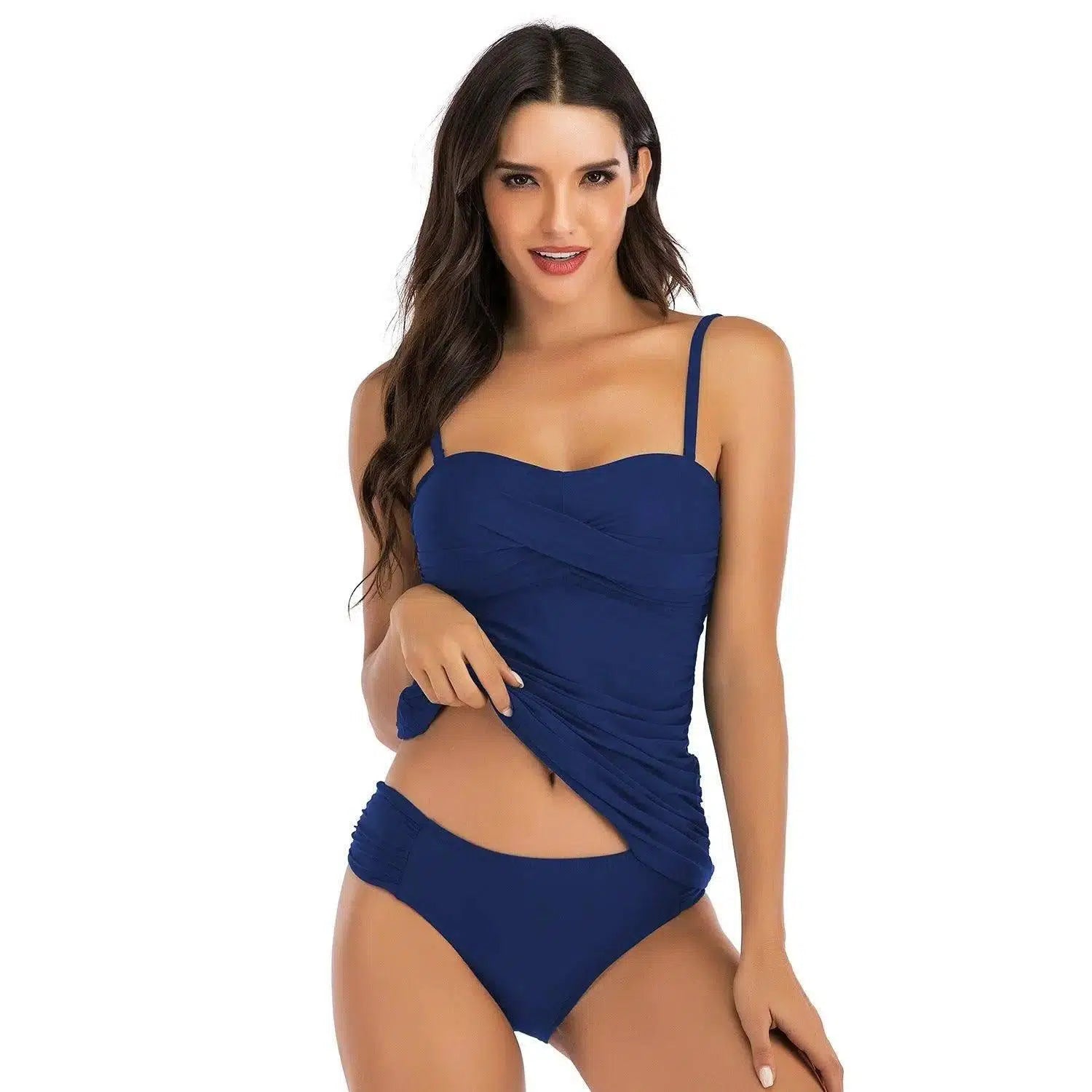 Covered belly split swimsuit ladies conservative-Blue-8