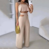 Cross-border Solid Color Sling Top Casual Hollow-out Trousers Suit-Beige-4