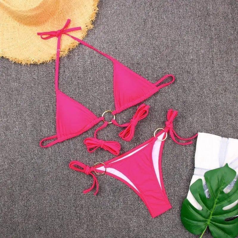 Cross-Border Strappy Split Swimsuit Feminine Stitching-Pink-6