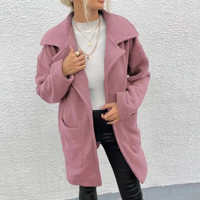 Double-faced Fleece Large Slot Pocket Mid-length Coat-Pink-4