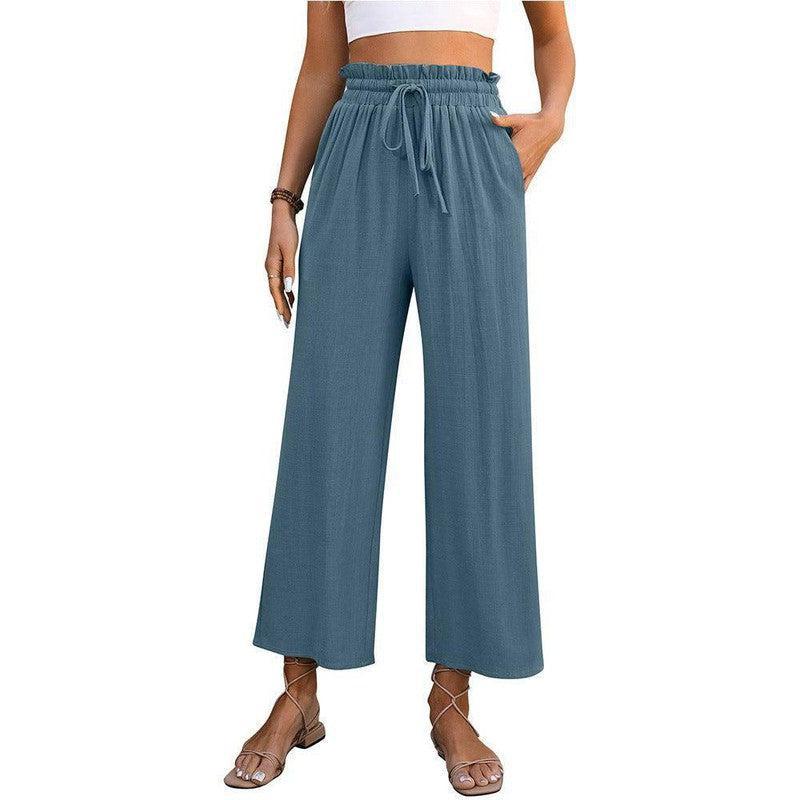 Drawstring High Waist Straight Pants Summer Casual Solid Beige / XL-Blue-3