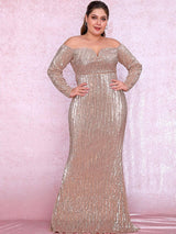 LOVE&LEMONADE Plus Size Rose Gold Deep V-Neck Off-The-Shoulder Bodycon Elastic Sequins Maxi Dress LM80273PLUS-1