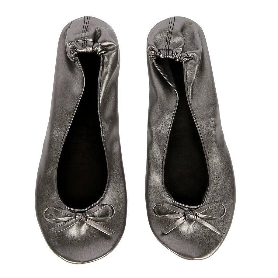 Elegant Satin Ballet Flats with Matching Pouch-Pewter-13