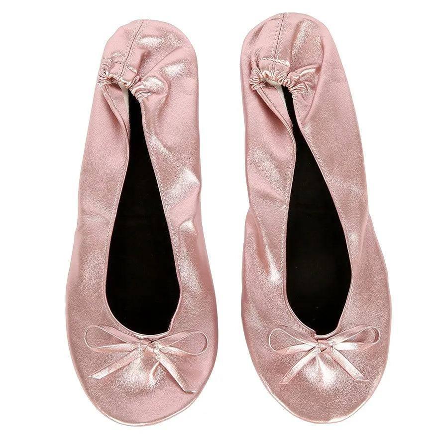 Elegant Satin Ballet Flats with Matching Pouch-Metallic Pink-16