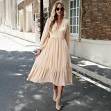 Elegant Solid Color And V-neck Long Dress-Apricot-1