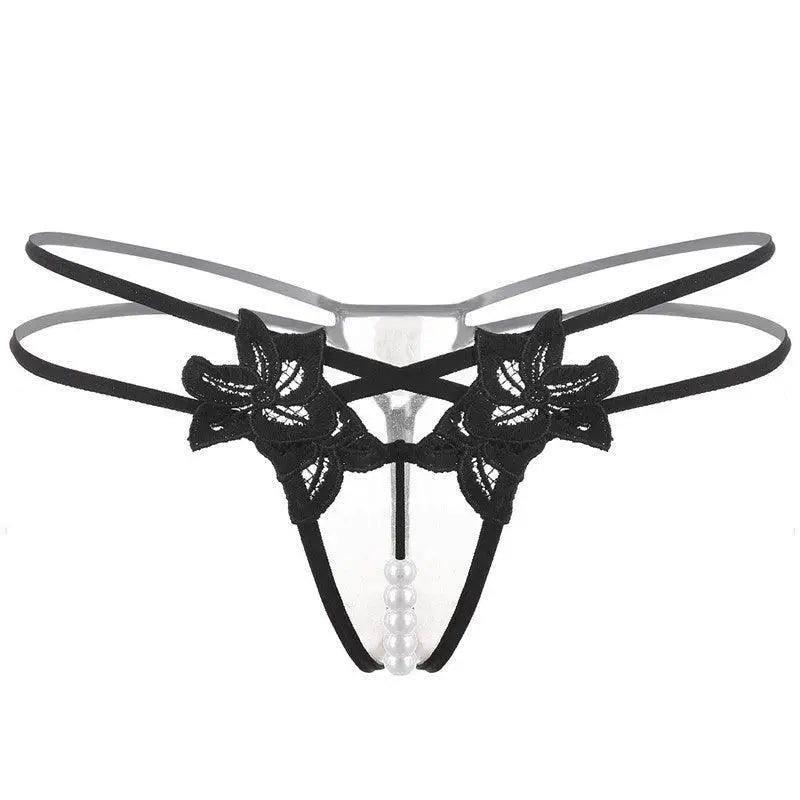 Erotic Lingerie Sexy Embroidered Women's Thong-Black-4