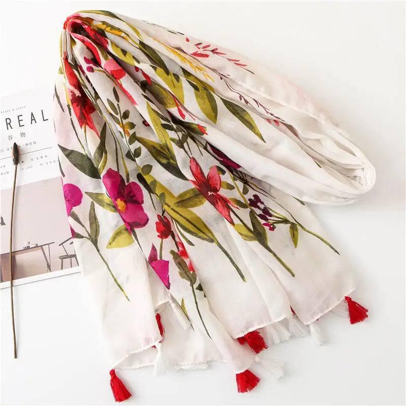 Ethnic Vintage Floral Cotton And Linen Fringe Scarf-5