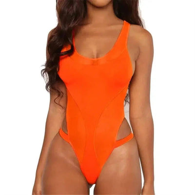 European And American Solid Color One-piece Bikini Swimsuit-Orange-2