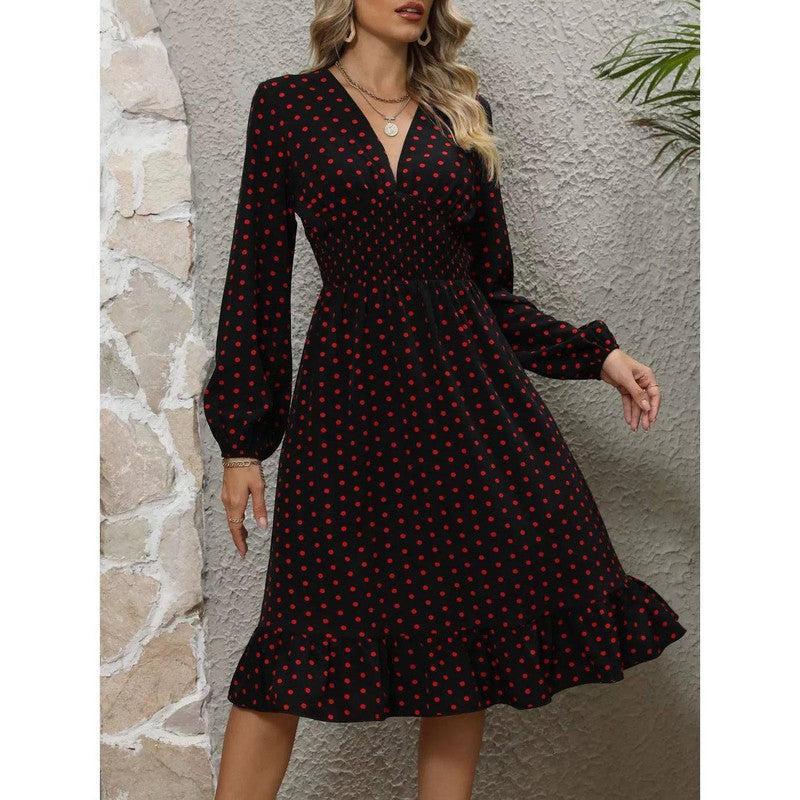 European And American Waist Slimming Polka Dot Long Sleeve-Black And Red-5