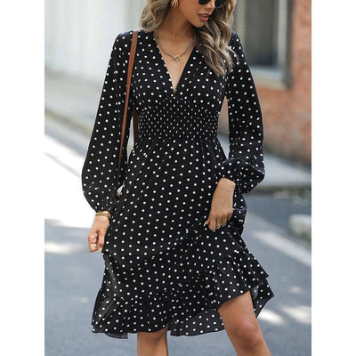 European And American Waist Slimming Polka Dot Long Sleeve-Black-6